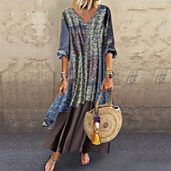 baratos -Mulheres Tamanhos Grandes Algodão Solto Chifon Vestido - Estampado Decote V Longo