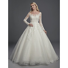 Da ballo Girocollo Strascico di corte Di pizzo / Tulle Abiti da sposa su misura con Con applique / Bottoni di LAN TING BRIDE® Da ballo Girocollo Strascico di corte Di pizzo / Tulle Abiti da sposa su misura con Con applique / Bottoni di LAN TING BRIDE®