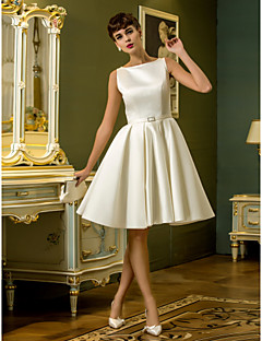 A Line Princess Bateau Neck Knee Length Satin Wedding Dress With Sash Ribbon By LAN TING BRIDER A Line Princess Bateau Neck Knee Length Satin Wedding Dress With Sash Ribbon By LAN TING BRIDER