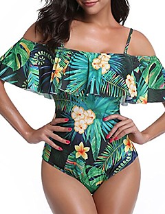 hesapli One-piece swimsuits-Kadın's Boho Askılı / Düşük Omuz Yonca Beyaz Bandeau Slip Külotlar Tek Parçalılar Mayolar - Çiçekli Tropikal yaprak Fırfırlı / Desen L XL XXL / Sexy