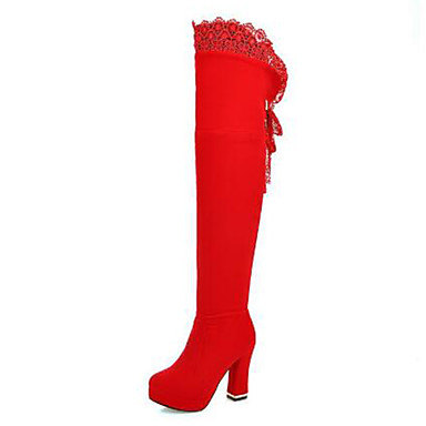 Women's Shoes Suede Fall & Winter Fashion Boots Boots Chunky Heel Round Toe Over The Knee Boots Stitching Lace Black / Red / Party & Evening Women's Shoes Suede Fall & Winter Fashion Boots Boots Chunky Heel Round Toe Over The Knee Boots Stitching Lace Black / Red / Party & Evening