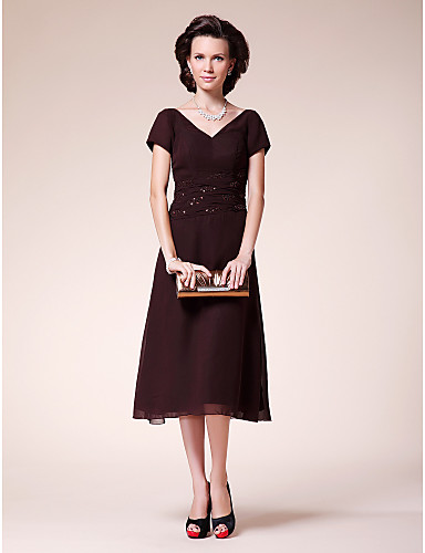 A-line Princess V-neck Tea-length Chiffon Mother of the Bride Dress ...