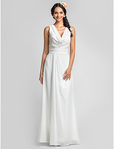 Sheath Column Cowl Neck Floor Length Chiffon Bridesmaid Dress With Side Draping Ruched By