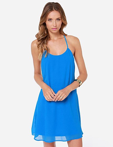 Women's Holiday Dress,Solid Above Knee Sleeveless Blue Polyester Summer ...