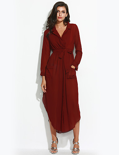 Women's Casual/Daily Vintage Sheath Dress,Solid Deep V Maxi Long Sleeve ...