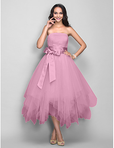 Princess Strapless Tea Length Satin Tulle Cocktail Party Prom Dress With Bows Sash 1095