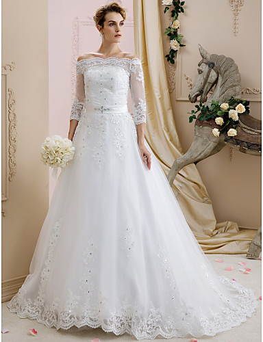 A-Line Off-the-shoulder Sweep / Brush Train Lace Tulle Wedding Dress ...