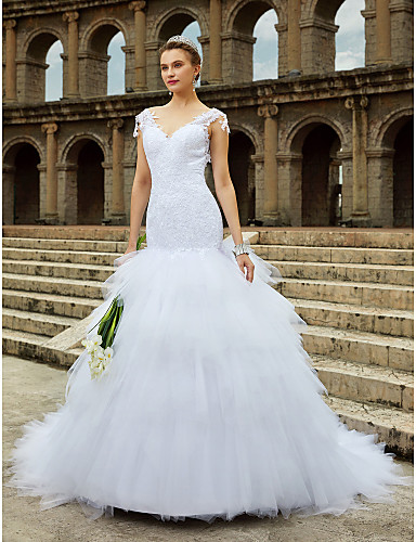 mermaid / trumpet v neck chapel train tulle / all over lace made-to