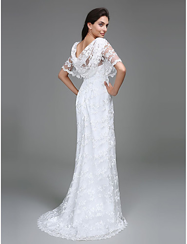 Sheath / Column Scoop Neck Floor Length Lace Wedding Dress with Lace by ...