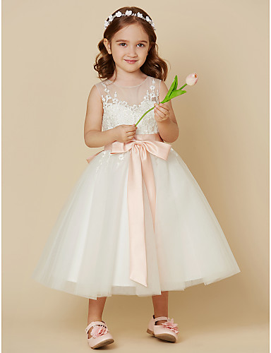 A-Line Knee Length Flower Girl Dress - Lace / Tulle Sleeveless Jewel ...